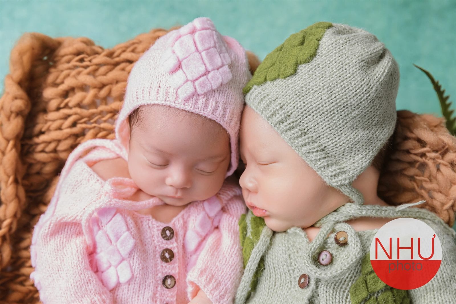 Concept chụp ảnh newborn cho hai bé sinh đôi nằm chung giỏ mây, đầu áp nhau