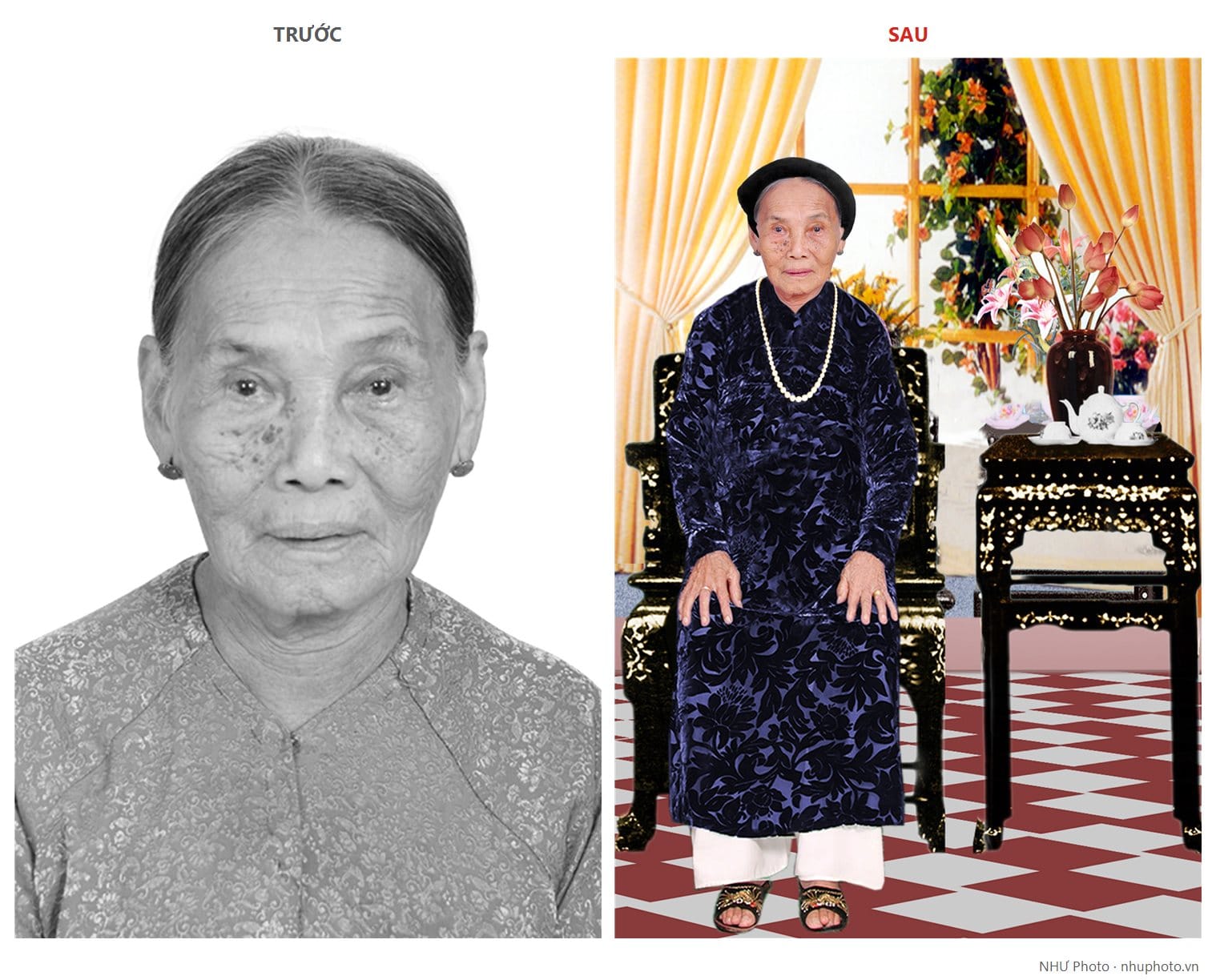 Làm ảnh thờ cho cụ bà tại NHƯ Photo: từ ảnh chân dung đen trắng dựng thành ảnh toàn thân áo dài có nền