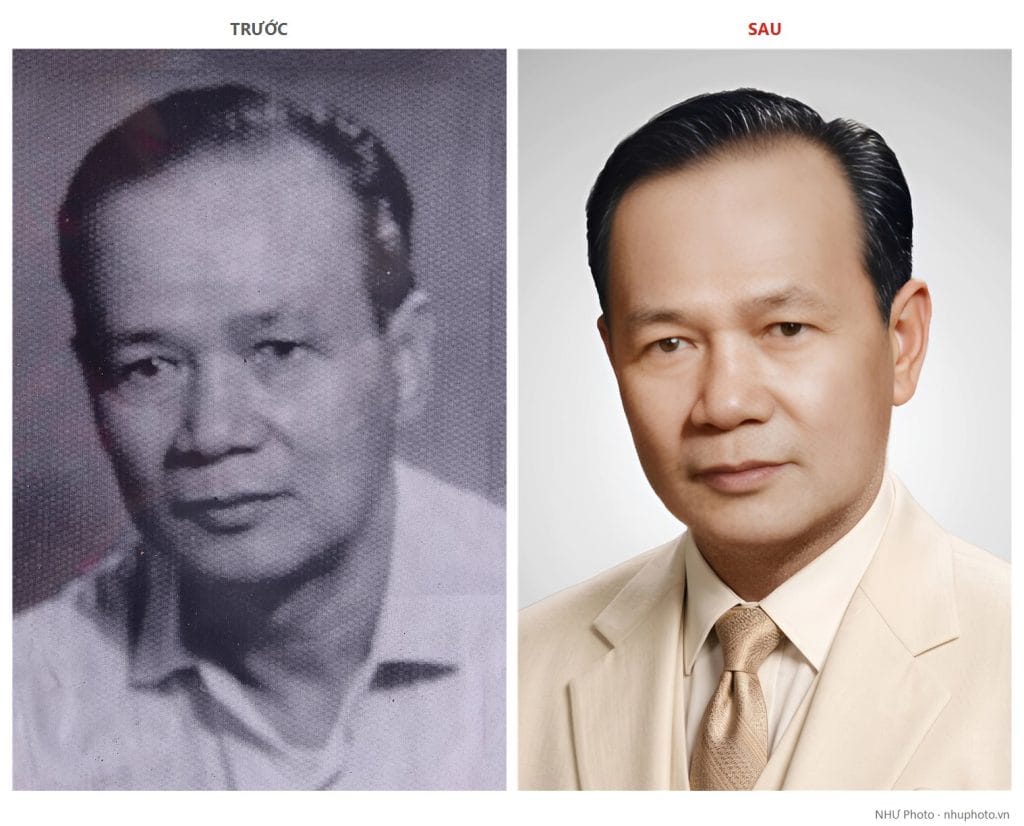 Ảnh chân dung ông bị ố vàng, bạc màu được phục hồi và tô màu tự nhiên tại NHƯ Photo Long An