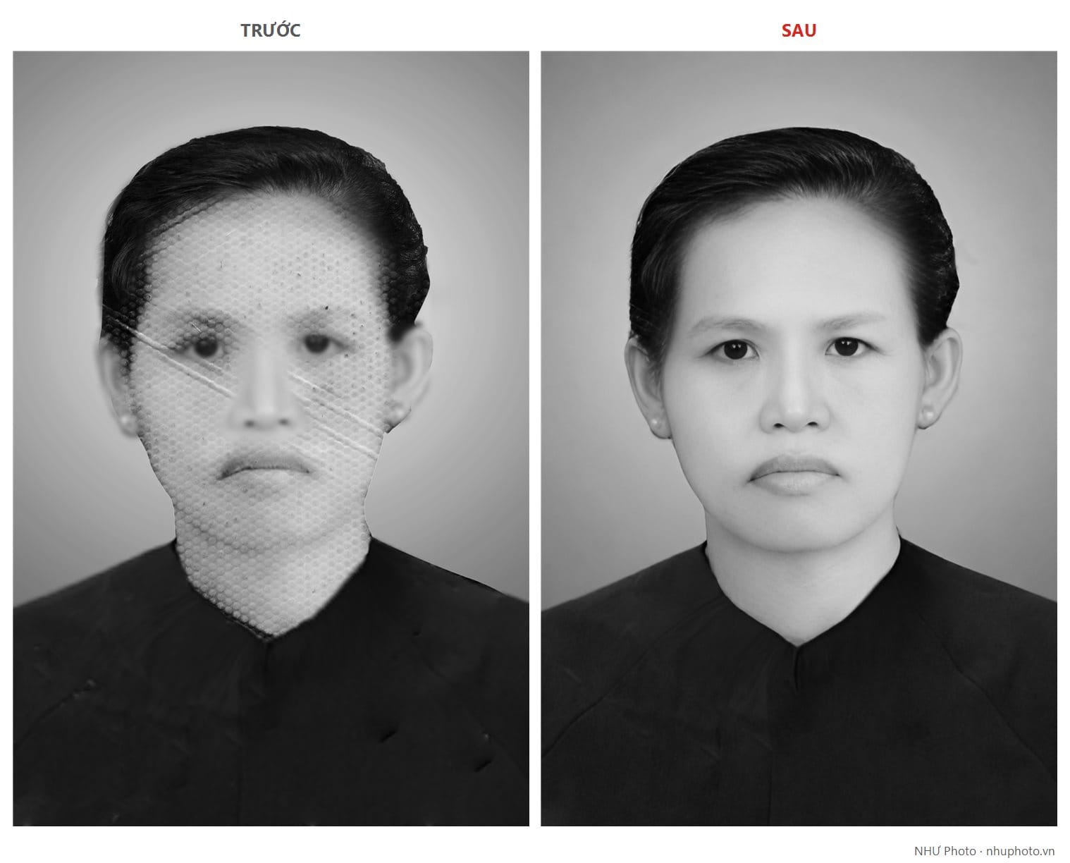 Phục hồi ảnh cũ trước và sau: ảnh thờ bị rỗ mặt, gãy nếp được NHƯ Photo Tân An, Long An làm lại rõ nét