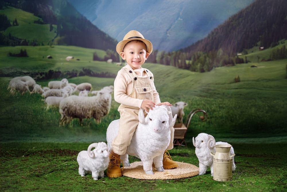 Chụp ảnh thôi nôi bé trai concept đồng cỏ cùng đàn cừu tại NHƯ Photo Long An