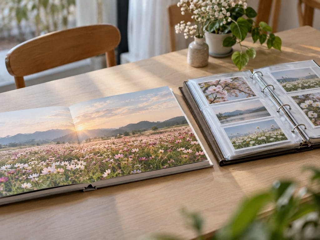 Ảnh minh hoạ in ảnh photobook: cuốn photobook mở phẳng in liền trang cánh đồng hoa, đặt cạnh album còng lồng ảnh rời trong túi nhựa trên bàn gỗ